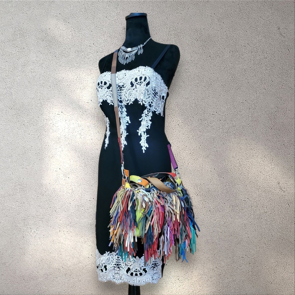 Vintage Multicolored All Leather Fringed Handbag Y2K Boho Tassel Satchel Purse - Picture 4 of 14